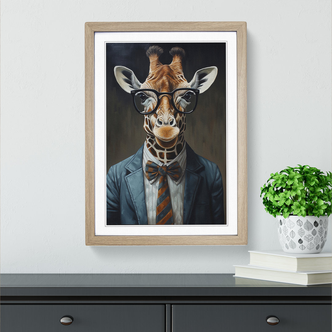 Giraffe with Glasses Painting - Framed Print