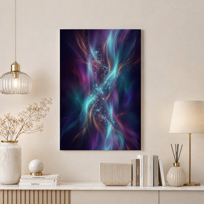 Toile murale abstraite aux motifs tourbillonnants turquoise et violets lumineux, 24"H x 16"W