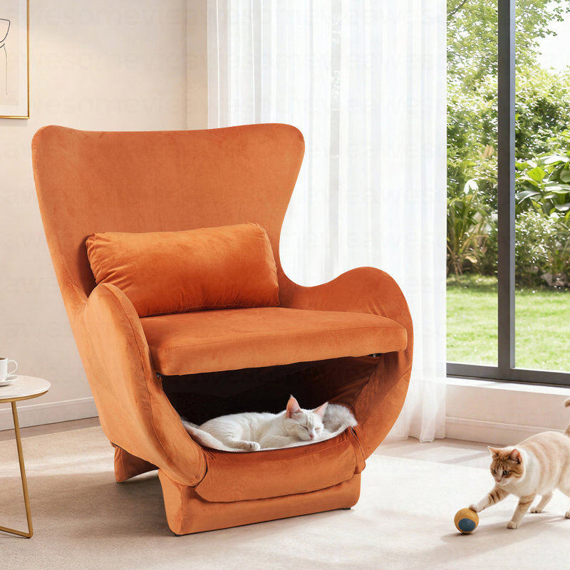 Furniture Style 2 In 1 Pet Friendly  Modern Velvet Lounge Chair, Upholstered  Back Accent Chair Leisure Single Sofa Chair For Living Room Office, Orange