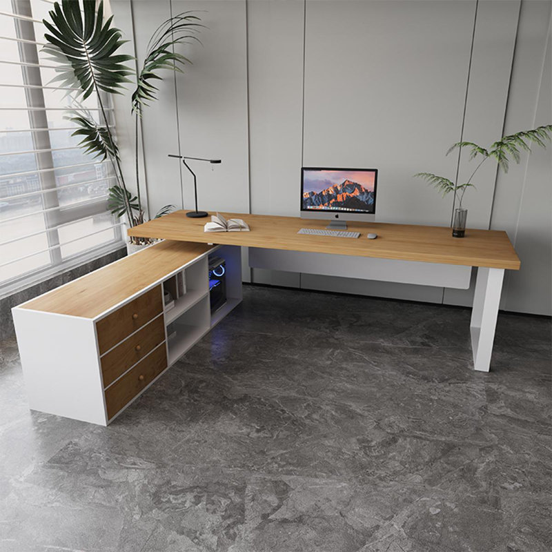 Bureau double caisson en L en bois massif avec bureau à 3 tiroirs Burlywood, H 29,53 po x l 86,61 po x P 59,06 po