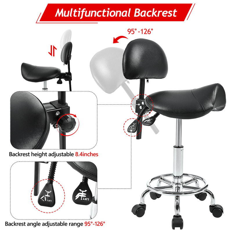 Saddle Stool With Back Support, Rolling Stools With Foot Rest, Ergonomic Adjustable Stool With Wheels, Backrest Adjustable Height & Angle For Salon Spa Tattoo Massage Office Swivel Stool Chair.