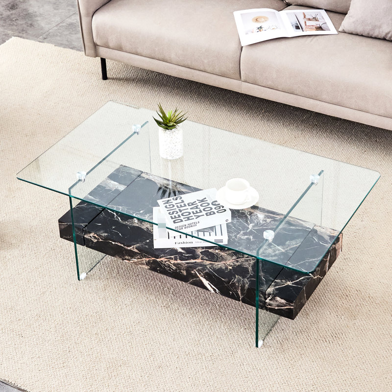 Table basse de 43,3 po, style moderne, plateau en verre transparent et niveau inférieur en marbre noir, options de rangement spacieuses, table à pieds transparents avec deux, conception, marbre, fabrication stable