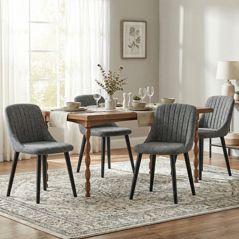 Velvet Dining Chairs With Wooden Legs Set Of 4, Grey Chenille/Black, 4