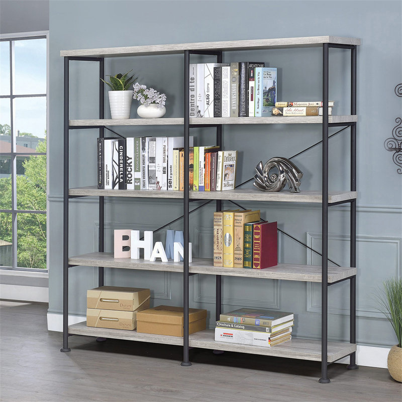 Bibliothèque ouverte à 4 tablettes en bois flotté gris et noir, Gris, (4 tablettes) H 63 po x l 60 po x P 14,25 po