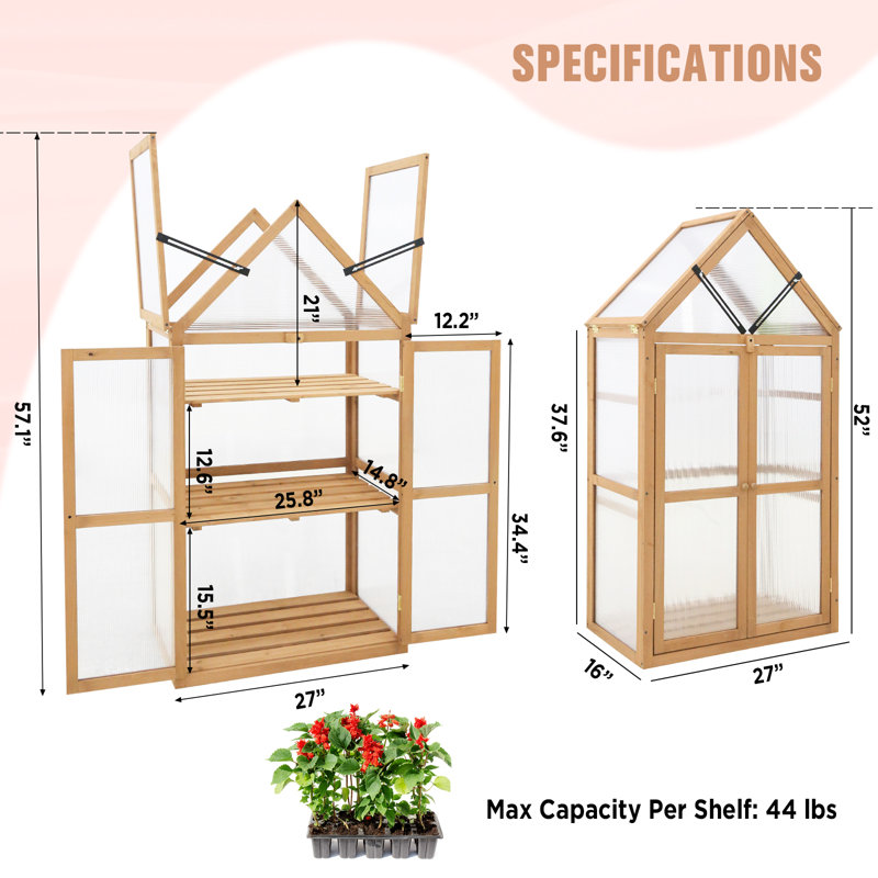 Natural Fir Wood Cold Frame Greenhouse with Adjustable Shelves