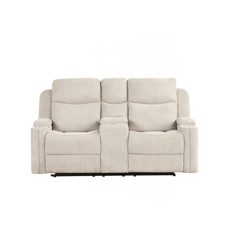 Causeuse en chenille gris clair avec console