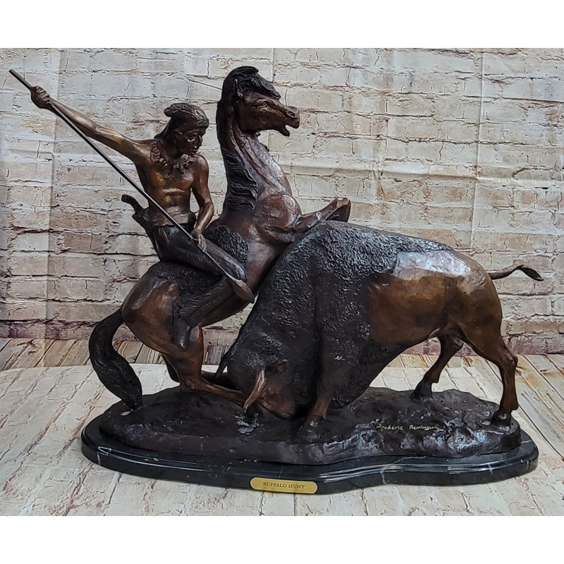 Statue de sculpture en bronze Frederic Remington Buffalo Hunt, décoration d'art amérindien