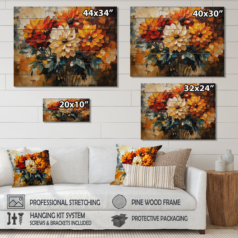 Abstrait orange Dahlia Glow V - décoration murale en bois Dahlia - sur bois de pin naturel, H 24 po x l 32 po x P 0,78 po