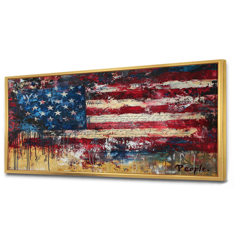 Krystalee, drapeau des États-Unis, patriotisme, aquarelle, H 28 po x l 60 po, Cadre flottant, Doré