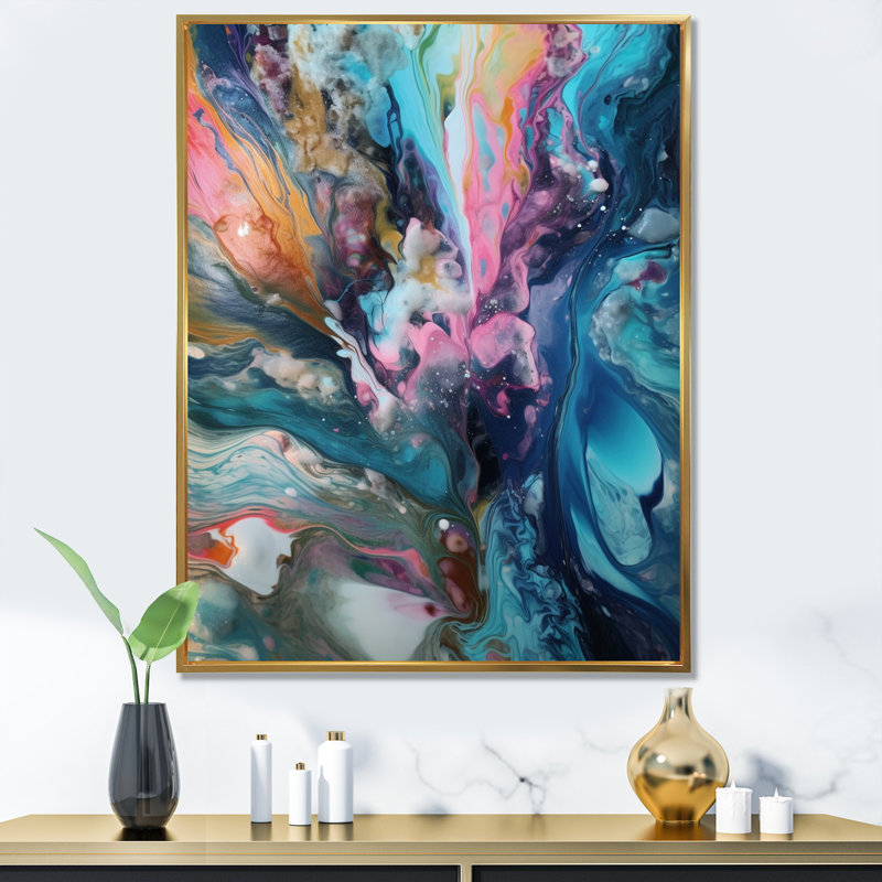 «Teal Pink Aqua Symphony», reproduction sur toile abstraite, H 32 po x l 16 po x P 1 po, Cadre flottant doré
