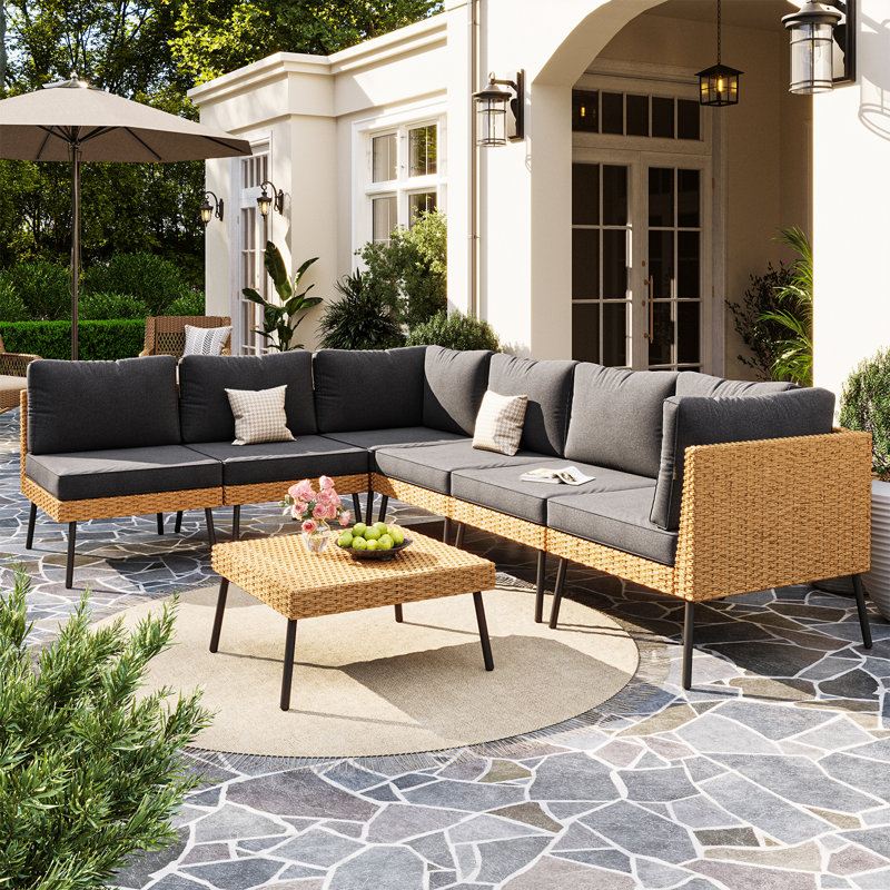 All-Weather 7-Piece Wicker  Modular Patio Conversation Set with Cushions & Coffee Table, Black
