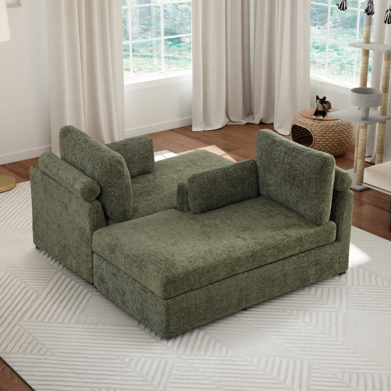 63.4" W Slipcovered Upholstered Chenille Chaise Lounge, Green