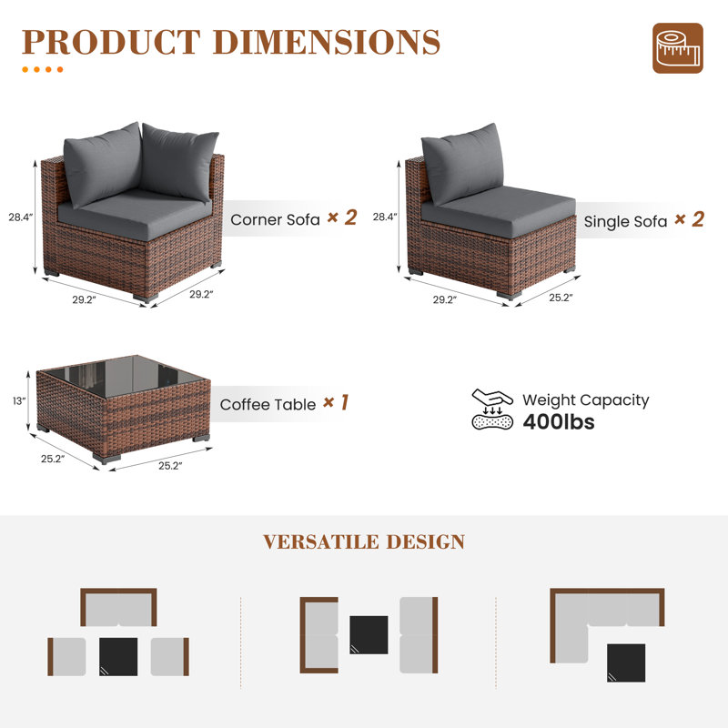 Ensemble de conversation d'extérieur en osier pour 4 personnes, Gris
