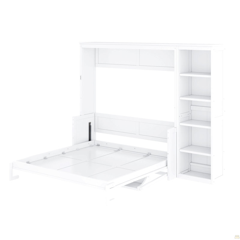 Grand lit escamotable avec bureau et bibliothèque, blanc, Blanc, Queen