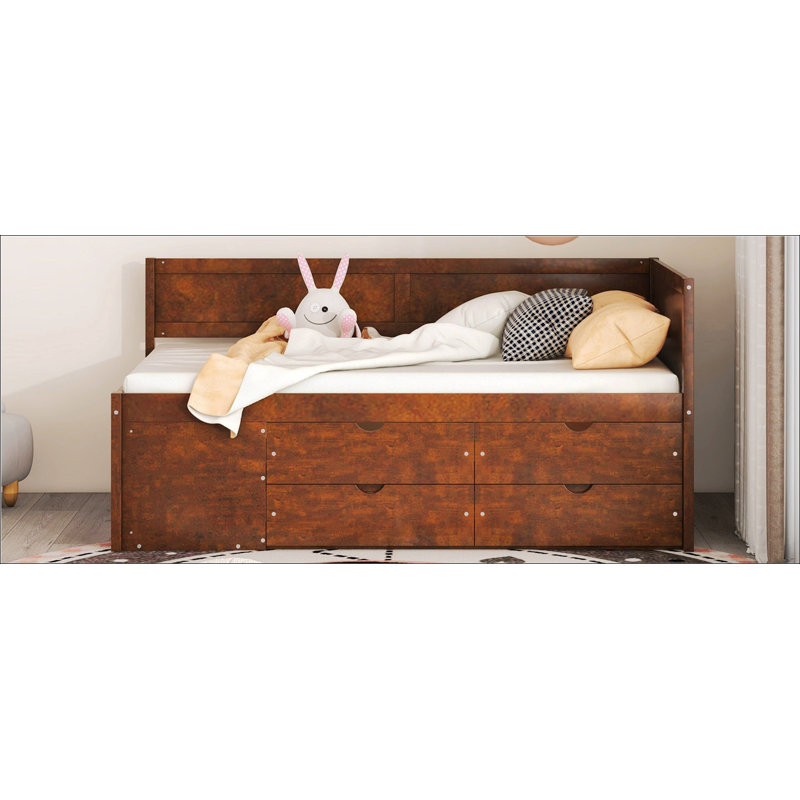 Lit de jour simple avec tiroirs et tablettes, peu encombrant et élégant pour la vie moderne, finition noyer, Noyer