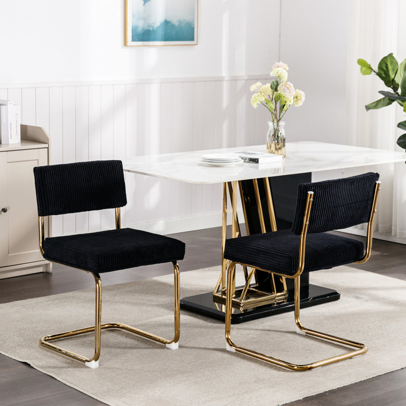 Chaises de salle à manger modernes, 2 pièces en velours côtelé noir avec base en métal doré et capitonnage de 2 chaises d'appoint, scintillantes et charmantes