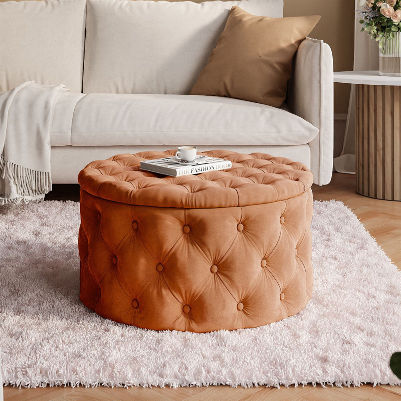 CHESTERFIELD Round Upholstered Pouf Hocker 70 cm, Orange Polyester