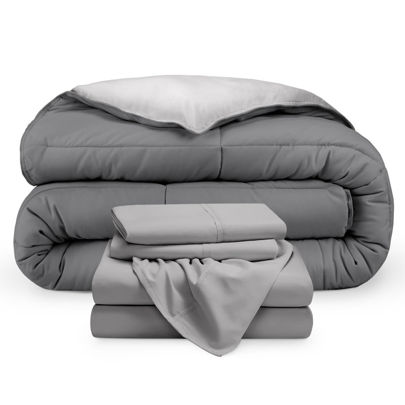 Microfiber Reversible Bed-In-A-Bag, Grey/Light Grey, Light Grey, King Comforter + 2 Pillowcases