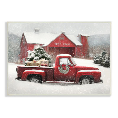 " Tree Farm Red Truck Wintery Snow Flurries " Acrylic Painting