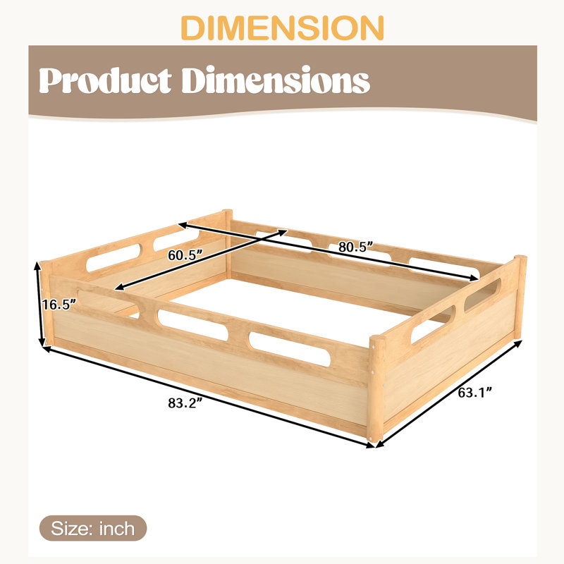 Floor Platform Bed With Full-Length Guardrails, Low Profile Queen Bed Frame With Wood Slats Support, No Box Spring Needed