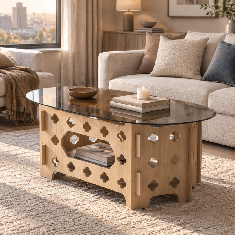 Table basse ovale en verre caramel avec piètement en bois sculpté et nid pour chat