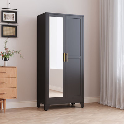 Metal Armoire Wardrobe Closet Cabinet with Mirror Black and White by Winston Porter