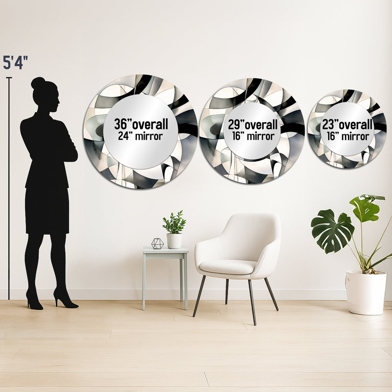 Abstrait neutre neutre XIII - miroir rond moderne géométrique 36 pouces, 29 po x 29 po