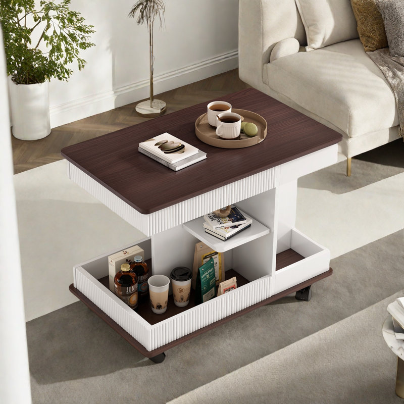 Adjustable End Table With Wheels, 360°rotating Top, Storage Space, Wood Grain Texture And Vertical Striped Design, White