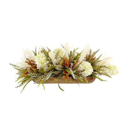 Fall Centerpiece with Hydrangeas and Pampas in a Wood Planter