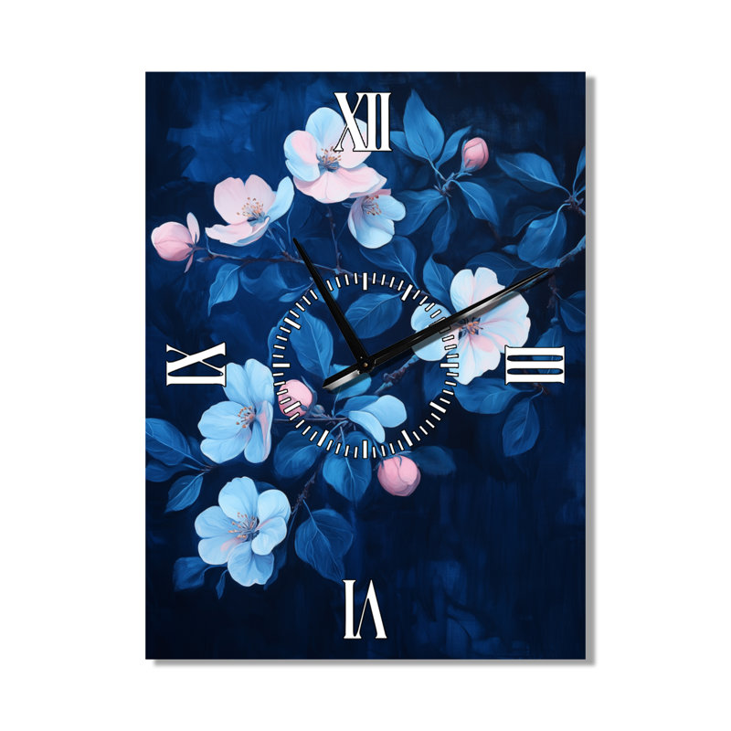 Horloge murale en métal Japandi silencieuse Indigo Apple Blossom Orchard Night II, H 32 po x l 24 po - Rectangle