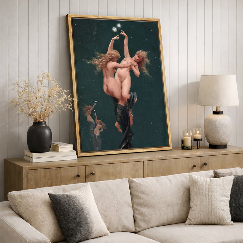 Illustration d'un duo d'anges célestes, images de ciel étoilé romantique, impression sur toile encadrée