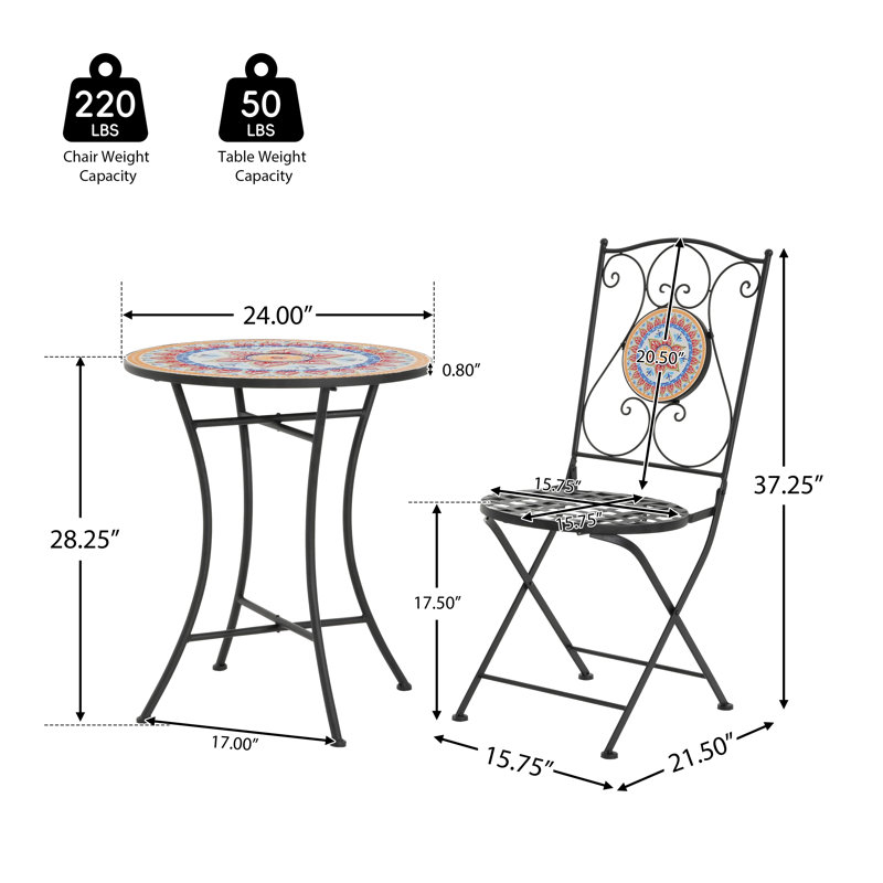 3-Piece Mosaic Bistro Set, Folding Metal Chairs & Ceramic Tile Table, Outdoor Patio CafeSet, Black Frame