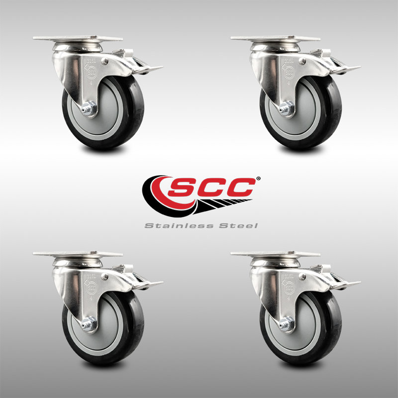 316SS Polyurethane Swivel Top Plate Caster Set Total Lock Brake SCC, Black