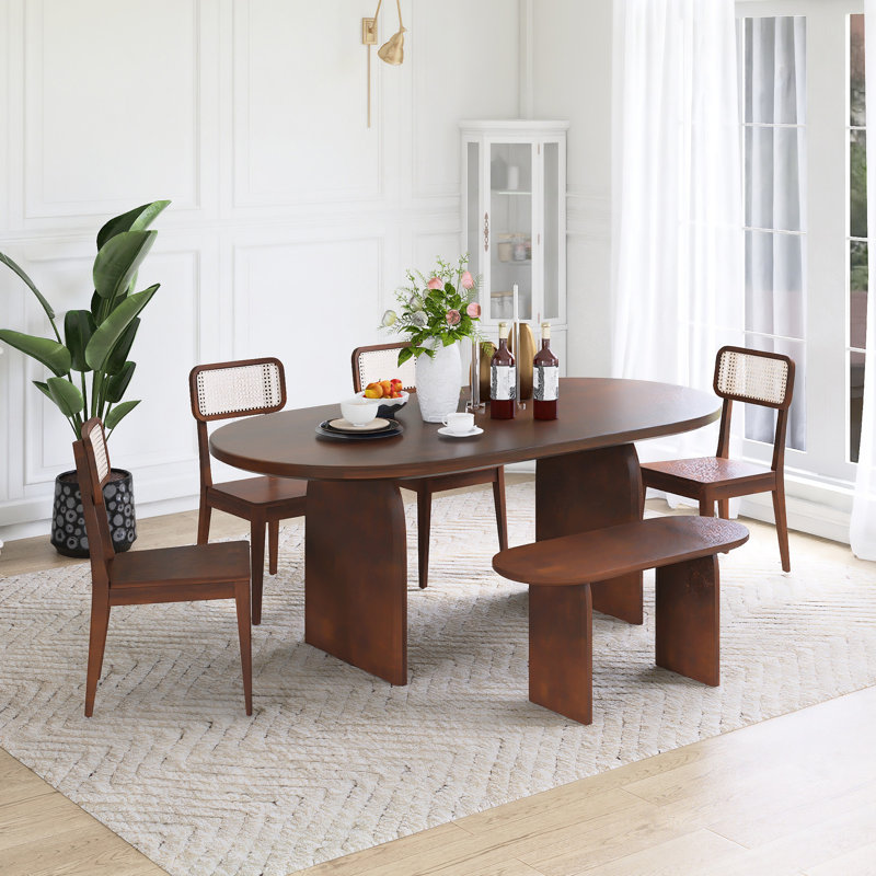Ensemble de table de salle à manger 71 pièces 71 "avec banc et chaises de cuisine ovales pour 6 personnes 71", Brun