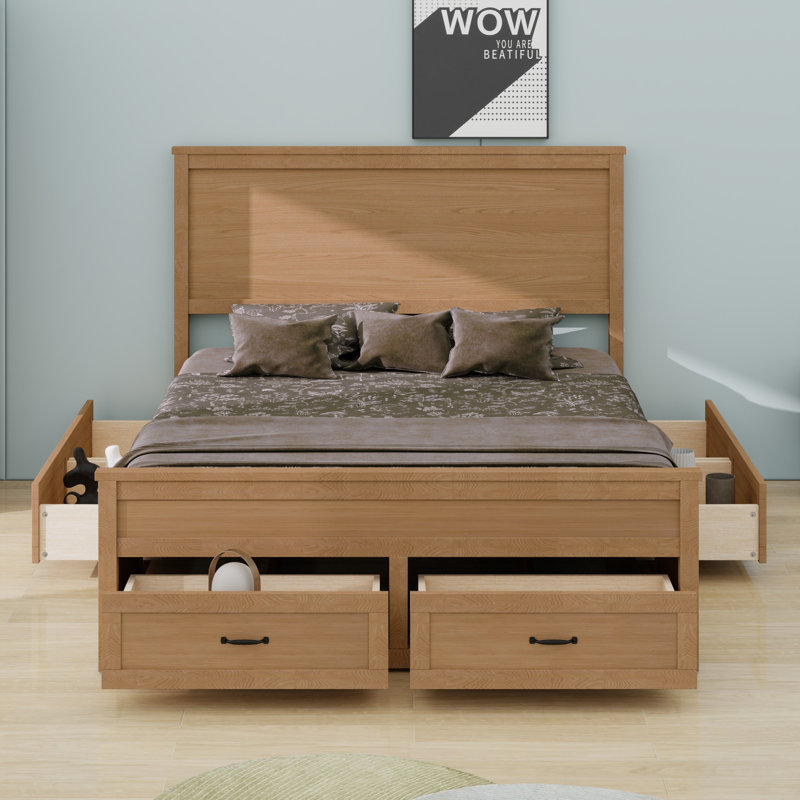 Base de lit avec rangement moderne en bois avec 6 tiroirs, lit plateforme avec support en lattes de bois, Dérive en mer