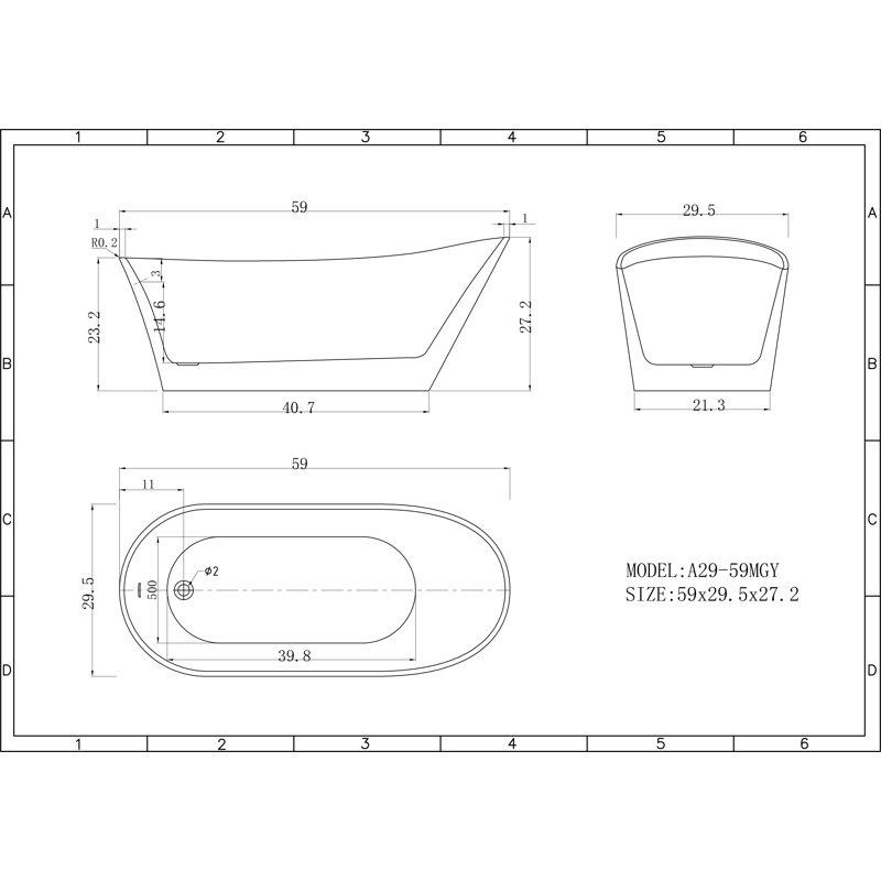 Baignoire de trempage autoportante en acrylique gris mat 59 po x 30 po A29