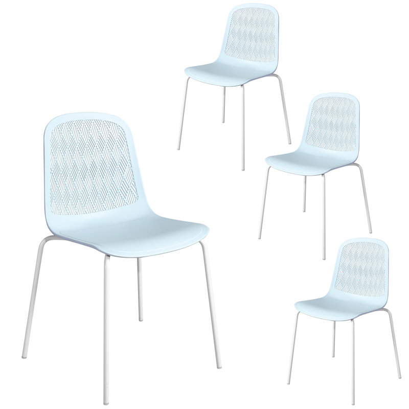 Mid Century Modern Dining Chairs with  Hollow Backrest，Metal Dining Chairs, Light Blue, White