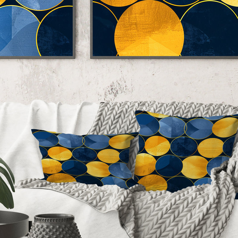 Bleu, jaune, moderne, cercles, V, moderne, coussin décoratif, H 16 po x l 16 po