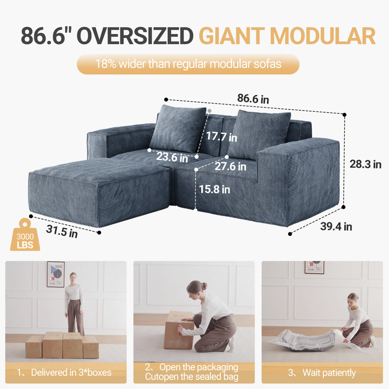 Canapé modulaire modulaire à conversion libre, Gris, 3, H 39,37 po x l 86,6 po x P 28,39 po