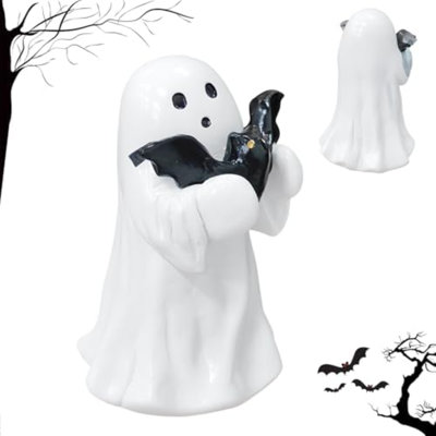 Figurine fantôme d'Halloween - statue fantôme effrayant en résine, étreignant le fantôme d'une chauve-souris