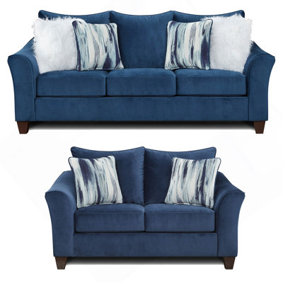 Camero Fabric Pillowback 2-Piece Living Room Set, Sofa And Loveseat, Navy Blue
