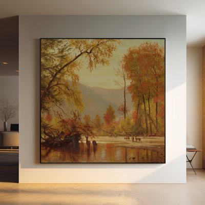 Très grand art mural imprimé sur toile - Paysage de rivière d'automne rétro avec des chevaux et des arbres pour le salon ou la chambre à coucher "Assemblage requis (cadre non fini)"