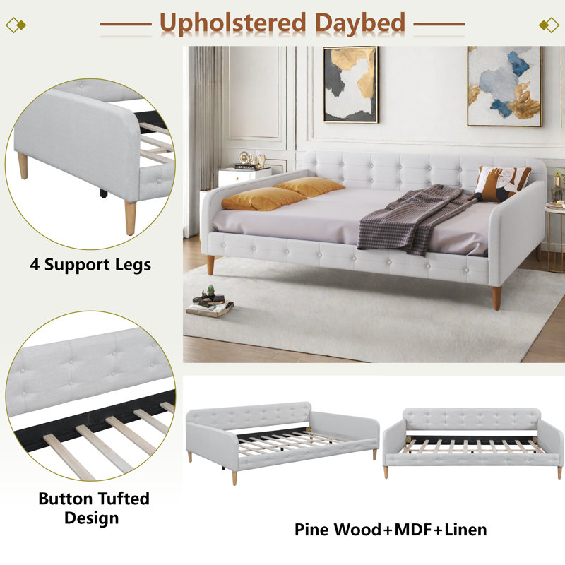 Lit de jour moderne rembourré avec 4 pieds de soutien et capitonnage à boutons, Beige, Complet/Double