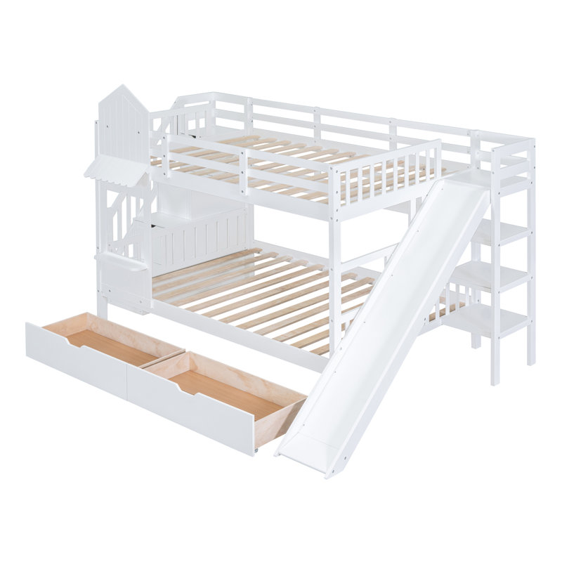 Lits superposés robustes en bois robustes avec rangement, conception de château et glissade