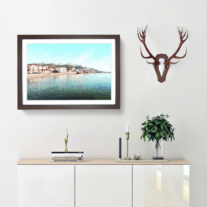 Shoreline of Sitges in Spain in Abstract - Picture Frame Graphic Art Print, 60cm H x 91cm W x 2cm D, Walnut