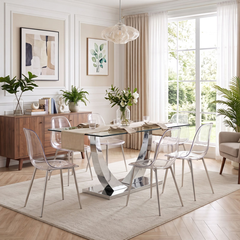 63" Dining Table Set for 4-6, Rectangular Tempered Glass Dining Table with Metal Base and Clear Moulded Plastic Chairs