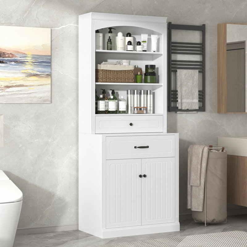 Armoire de rangement pour salle de bain avec quatre portes, tiroirs, tablette réglable et six tablettes ouvertes