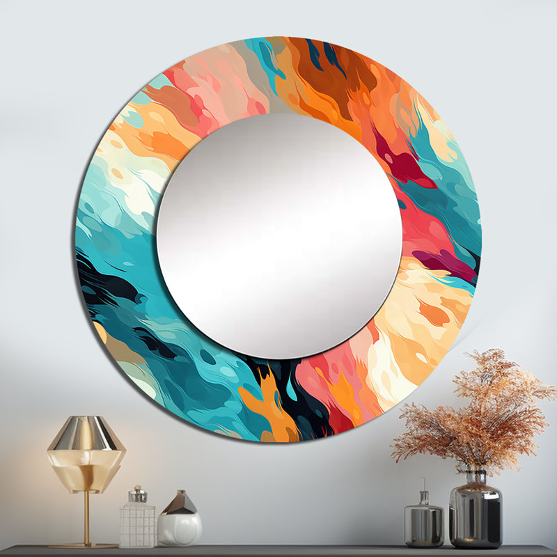 Multicolor Feather Fury - miroir abstrait, miroir mural décoratif rond moderne, impression d'art en métal, 23 po x 23 po
