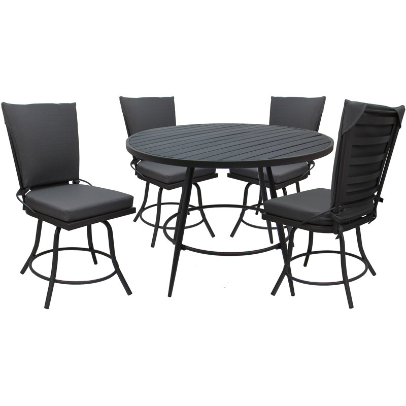 Merrile 4 - Person Patio Dining Set with Round Table , Cushions Included, Gray Frame/Dark Gray Cushion