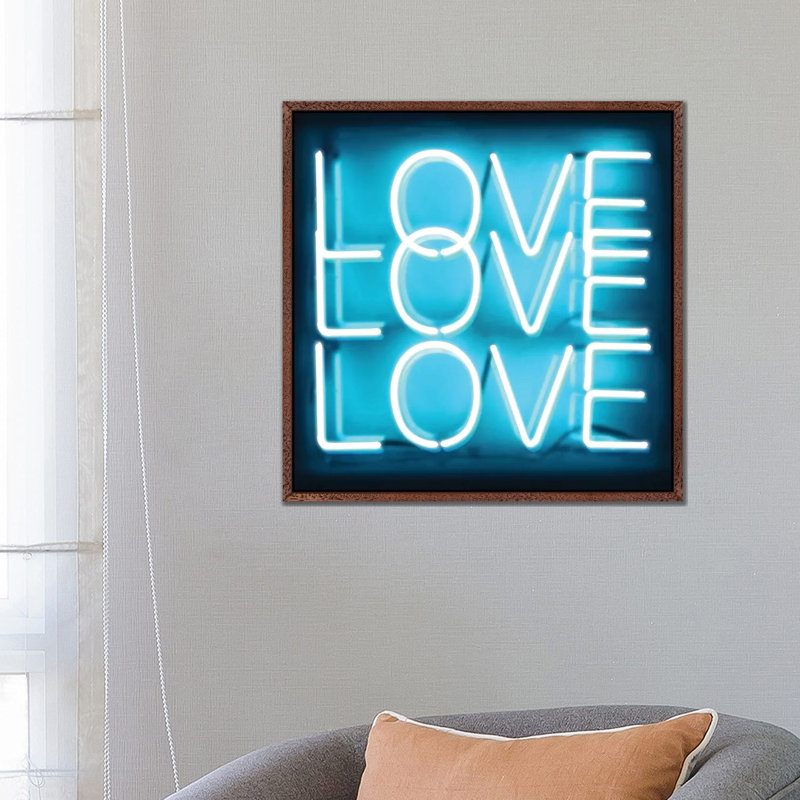 Neon Love Love Love Aqua On Black by Hailey Carr - Print on Canvas, Classic Brown Wood Framed, 66.04 cm H x 66.04 cm W